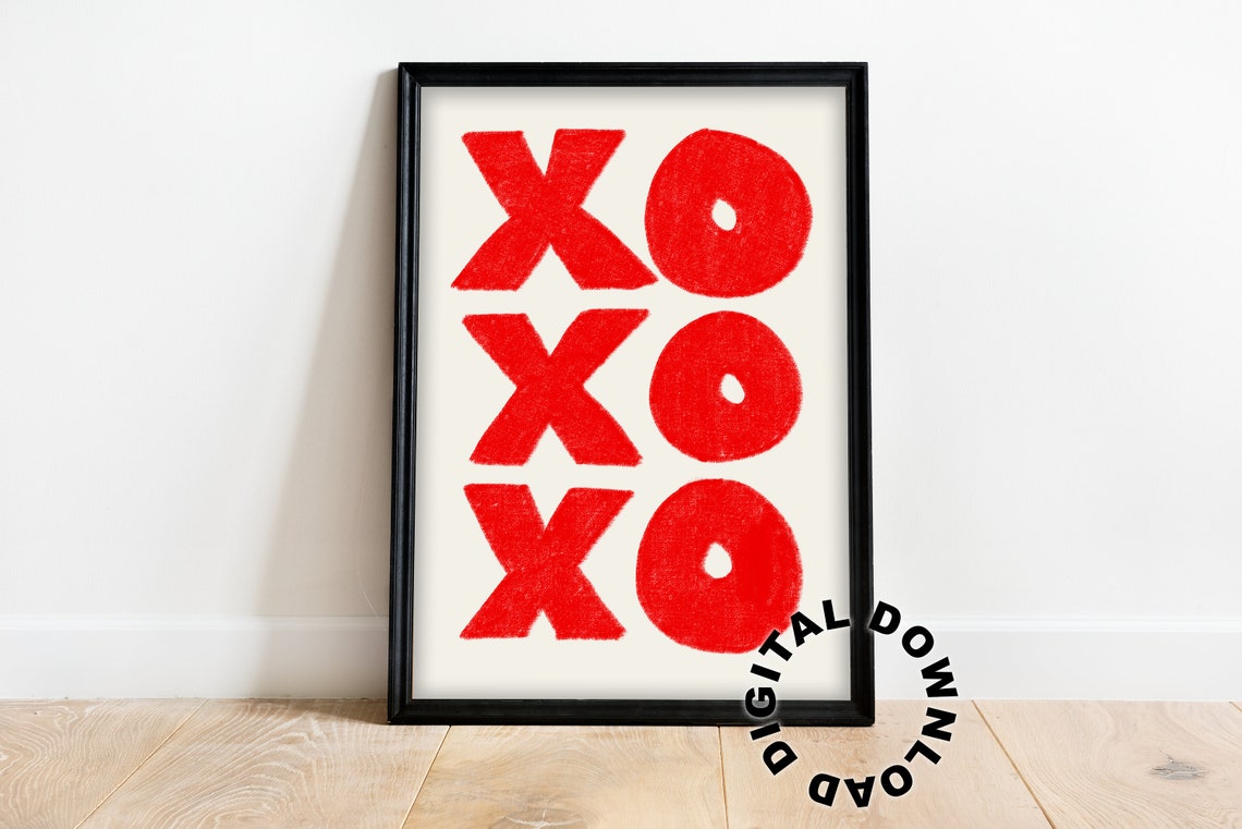 Bold Red XOXO Crayon Lettering Trendy Valentines Day Wall Art