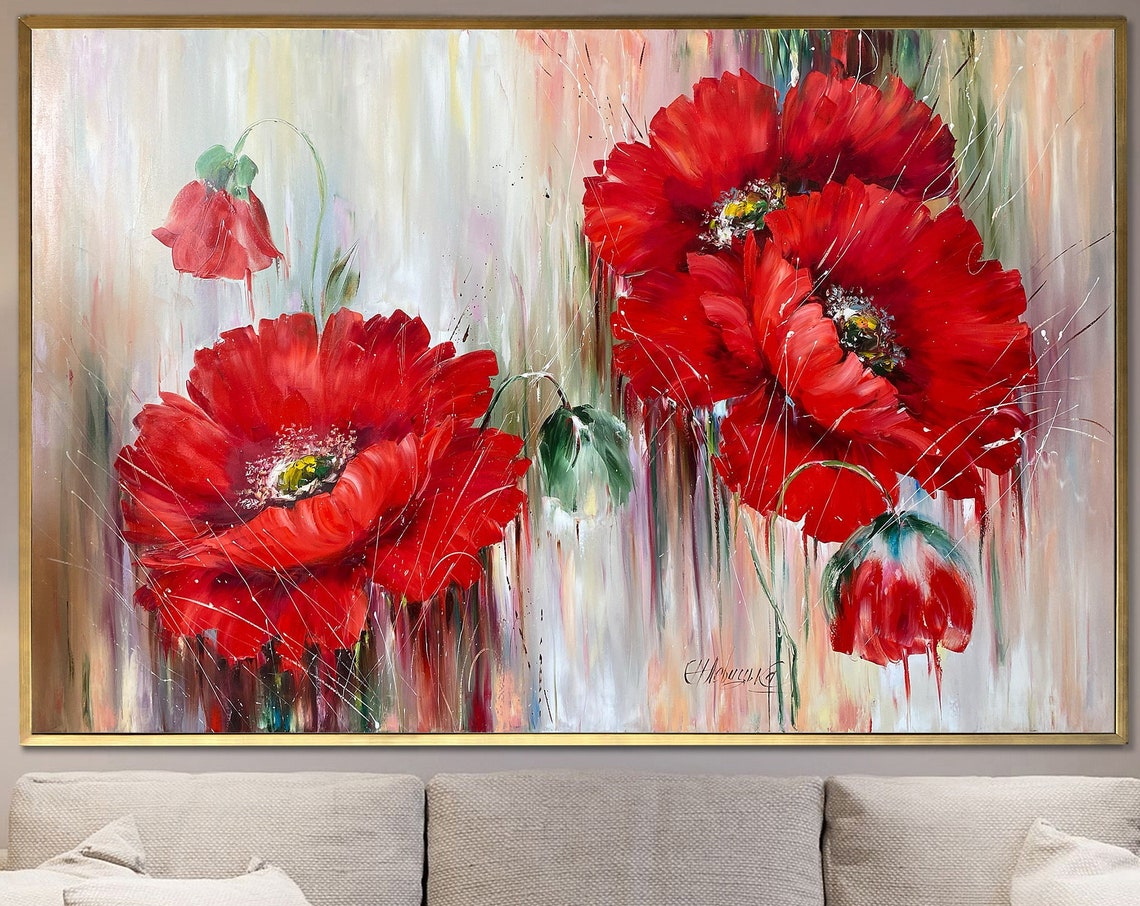 Red Poppies Painting Handpainted Flowers Wall Art Decor 32x24 Red Flower Painting On Large Poppy Painting Original Floral Oil Art