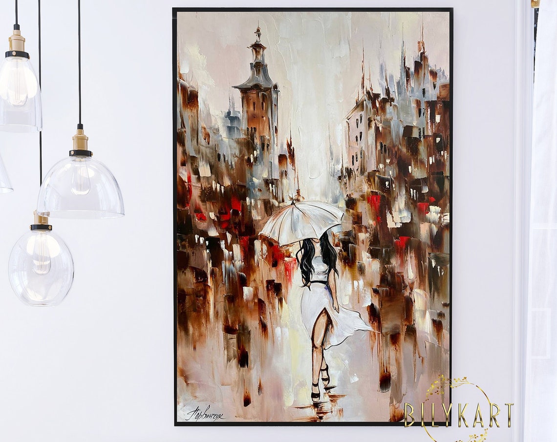 Abstract Girl With Umbrella Painting On Rainy City Abstract Oil Painting Original Woman Holding Umbrella Wall Art Rainy Day Painting - Image 2
