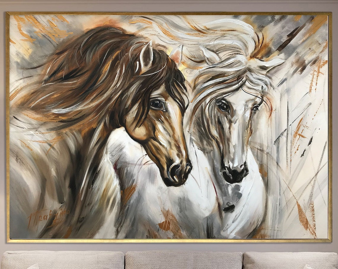Large Horse Oil Painting On Abstract Wild Horse Art Two Horses Equestrian Painting Arabian Horse Artwork Large White Horse Painting