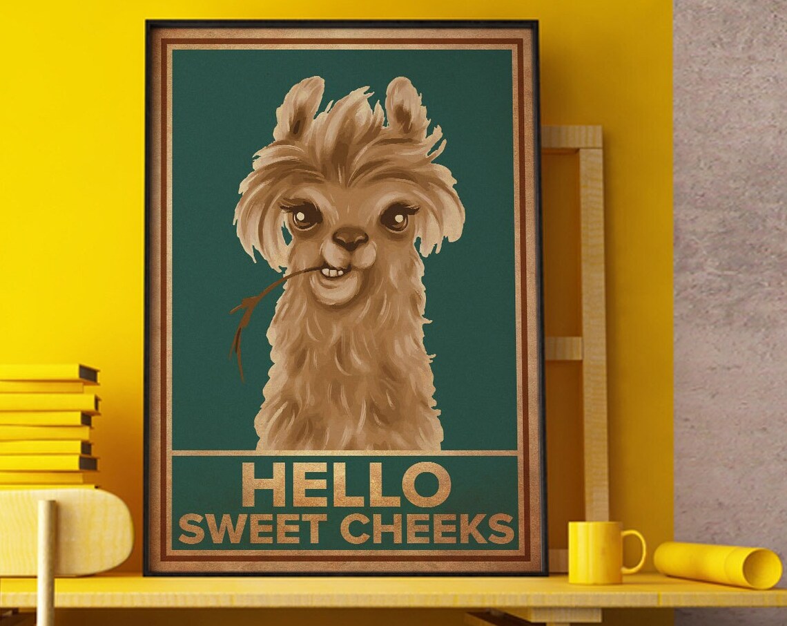 Llama Hello Sweet Cheeks Funny Vintage Retro Bathroom Animal Poster