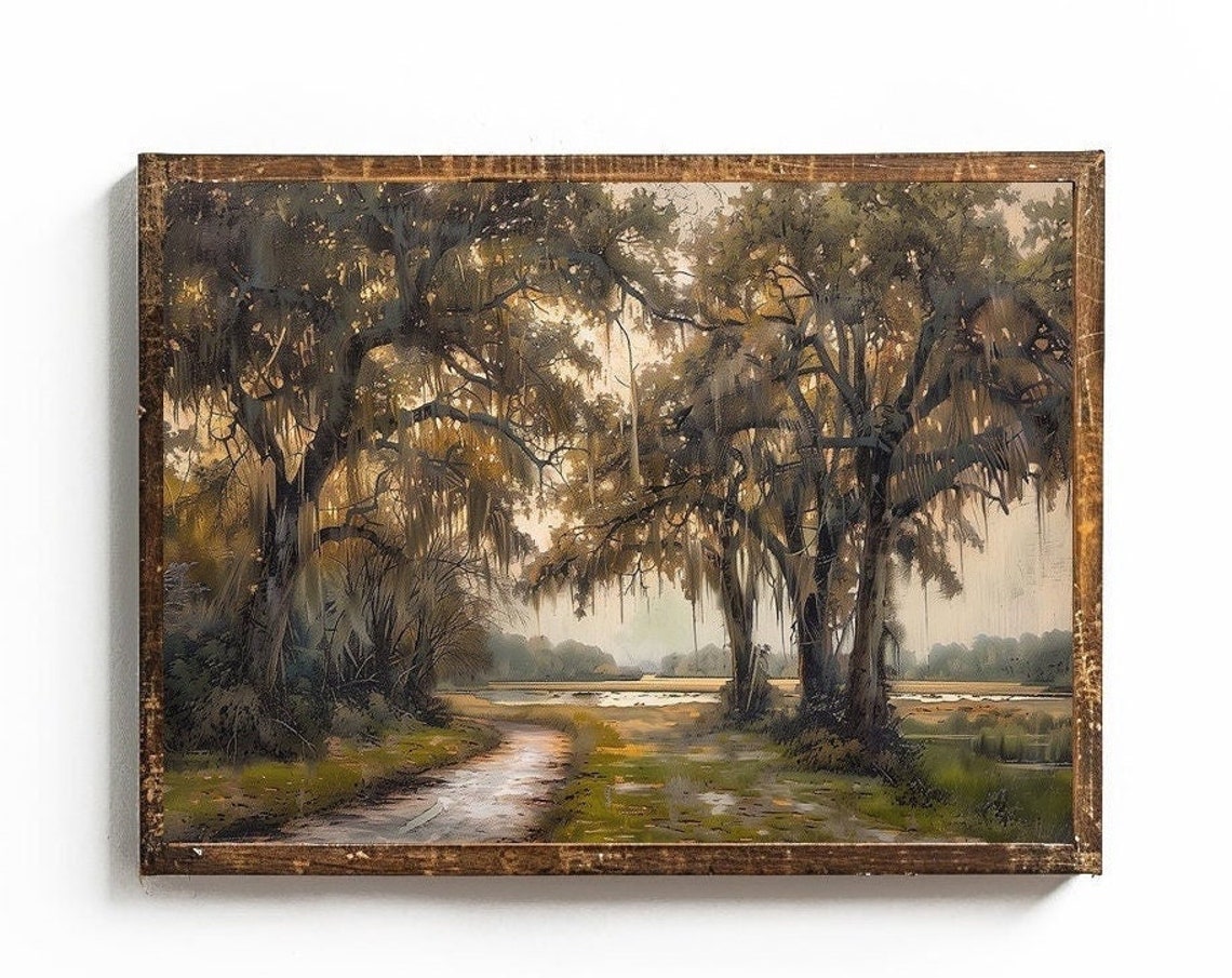 Moss Draped Oak Trees Along a Winding Path at Golden Hour Poster