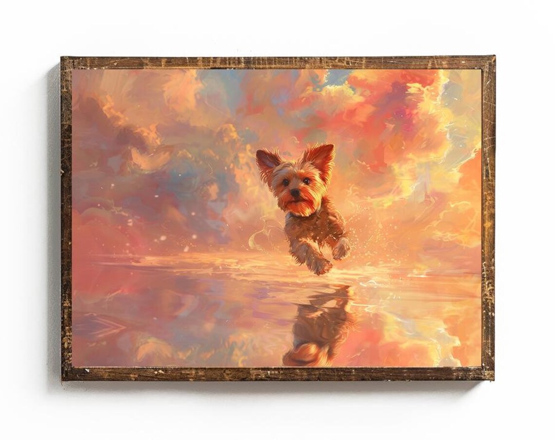 Playful Yorkshire Terrier Splashing In Golden Sunset Water Print