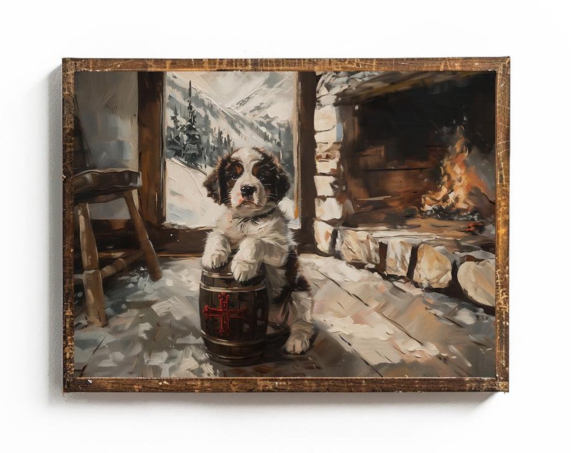Saint Bernard Puppy With Rescue Barrel By Fireplace Winter Poster