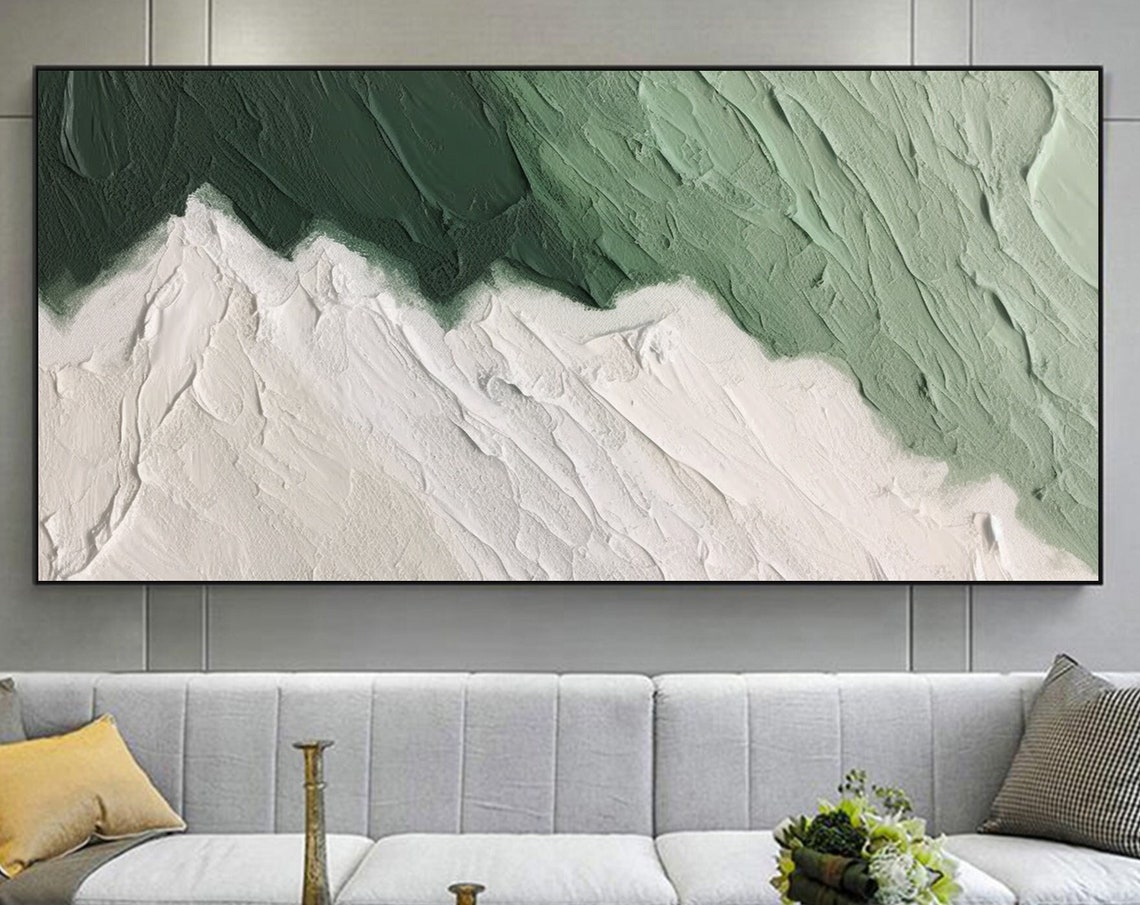Emerald and White Abstract Wave Texture Minimalist Oil Poster - Image 4