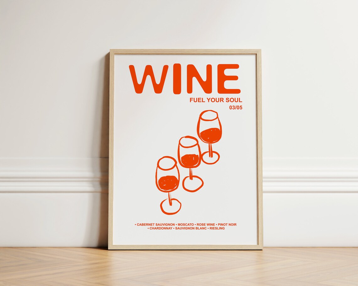 Wine Fuel Your Soul Retro Orange Wine Glasses Kitchen Bar Cart Print