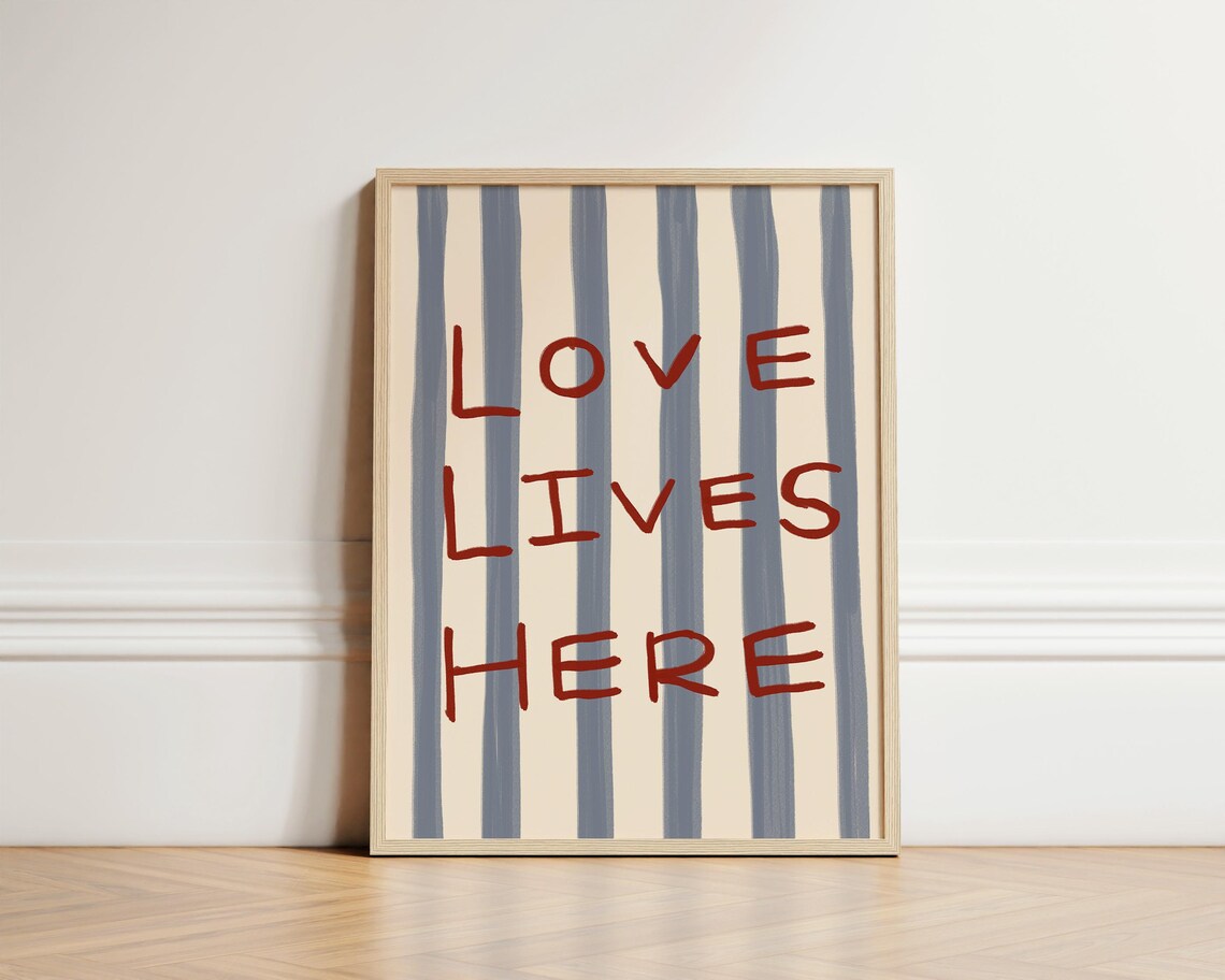 Love Lives Here Red Lettering Striped Neutral Home Wall Poster
