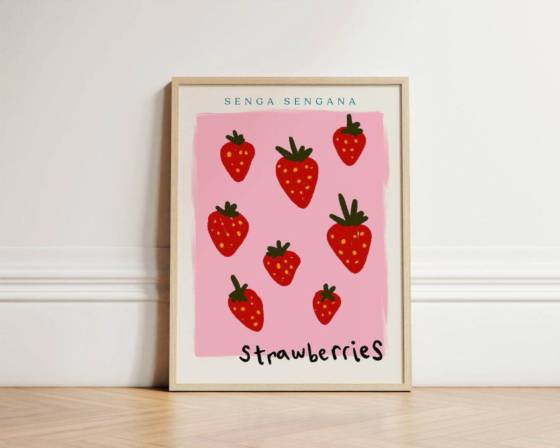 Strawberries Fruit Market Pink Hand Drawn Kitchen Cafe Wall Art