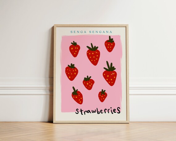 Strawberries Fruit Market Pink Hand Drawn Kitchen Cafe Wall Art