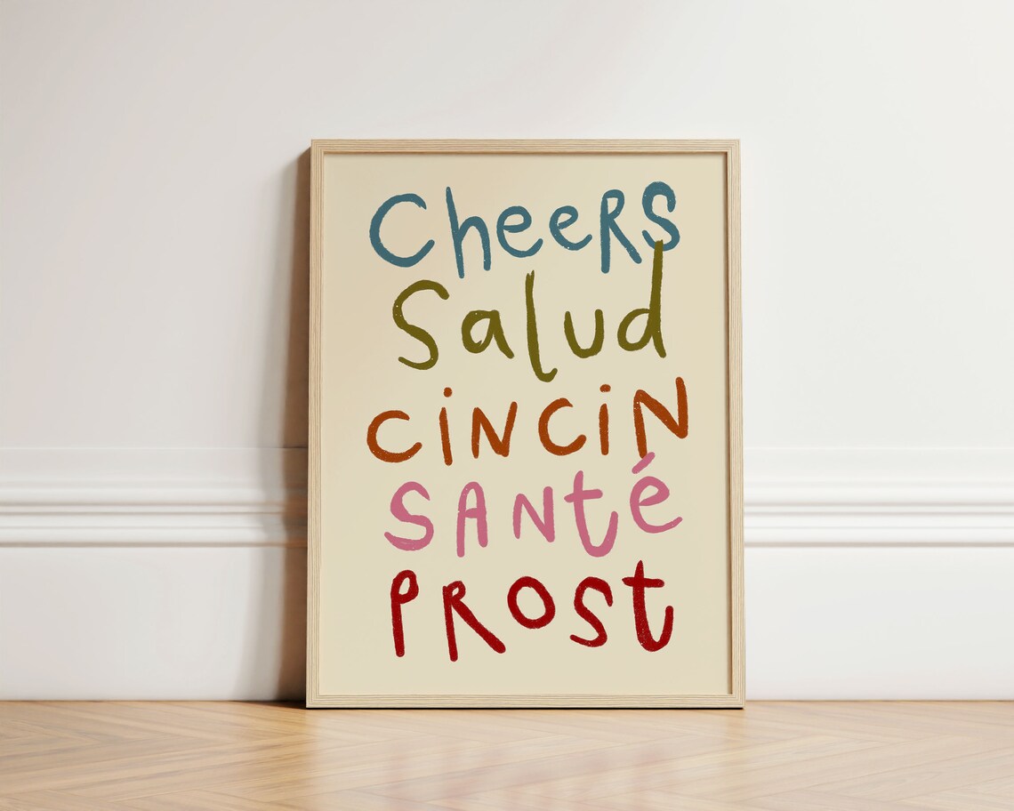 Colourful Cheers Typography Poster, Retro Kitchen Decor