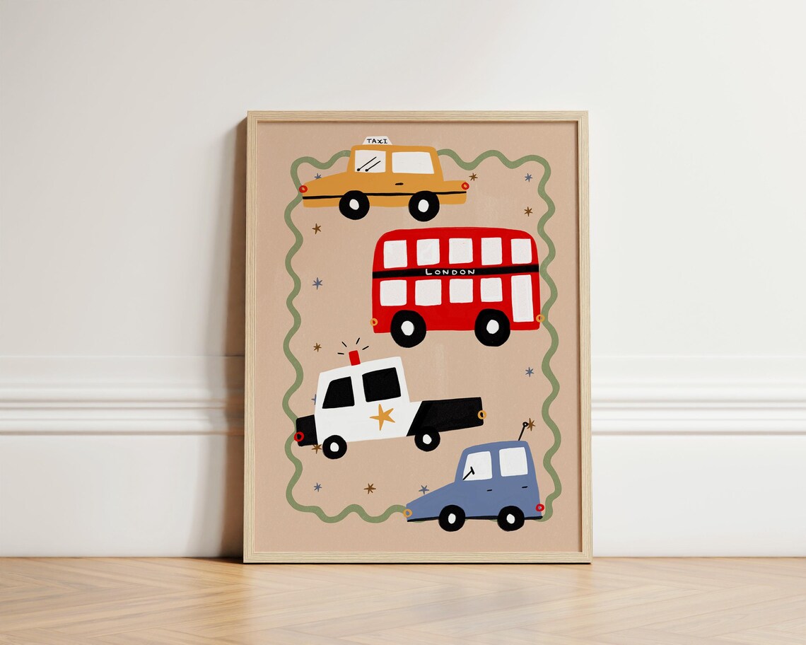 Nursery Cars Print, Eclectic Kids Room Decor