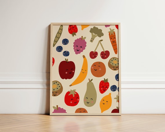 Cute Smiling Fruit Faces Nursery Wall Decor Kids Learning Poster