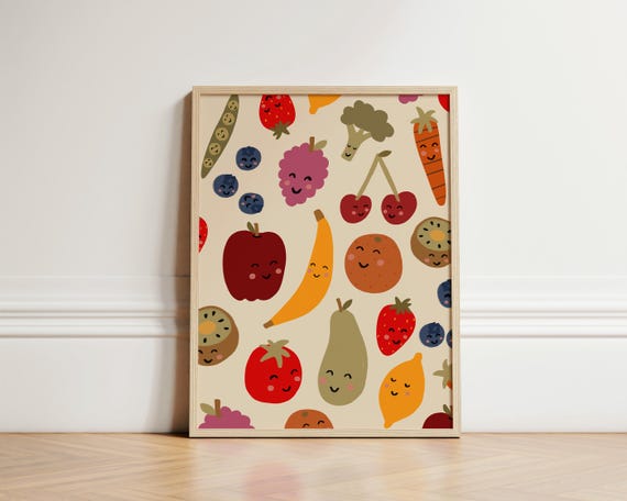 Fruit Friends Print Nursery Learning Illustration Wall Art Eclectic Kids Room Play Unframed
