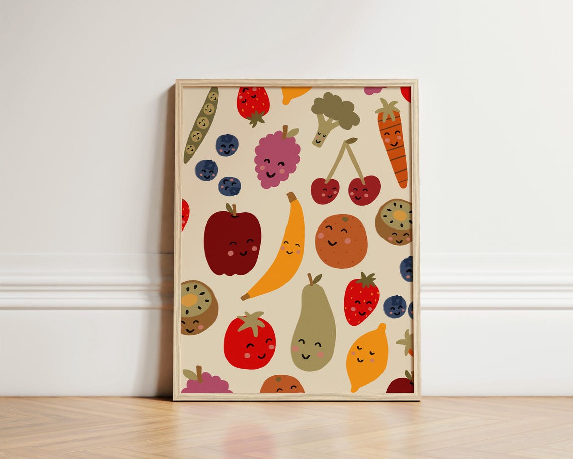 Fruit Friends Print Nursery Learning Illustration Wall Art Eclectic Kids Room Play Unframed