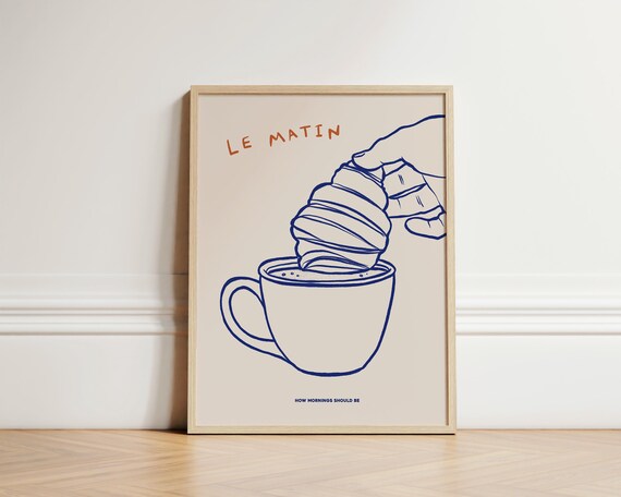Le Matin Croissant Coffee Morning French Kitchen Line Art Poster