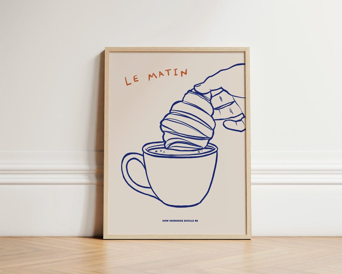 Le Matin Croissant Coffee Morning French Kitchen Line Art Poster