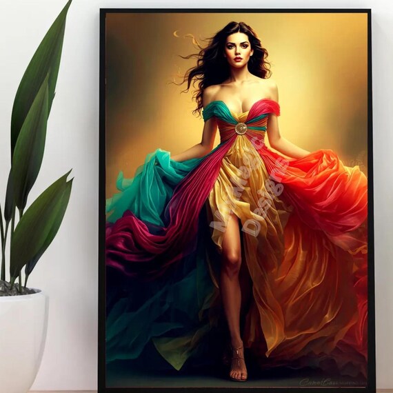 Woman In Rainbow Silk Gown Portrait Colorful Fantasy Art Poster