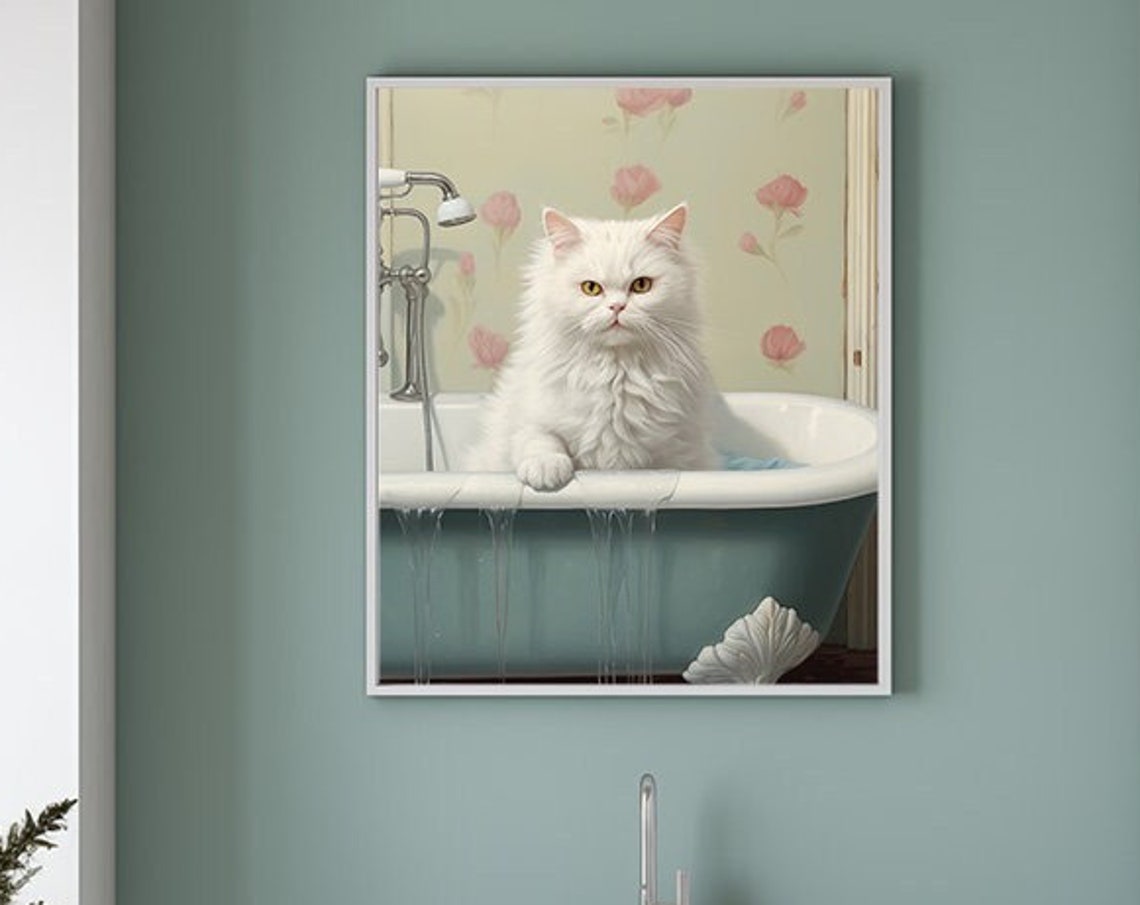 Fluffy White Cat Sitting In A Vintage Bathtub Cute Bathroom Poster