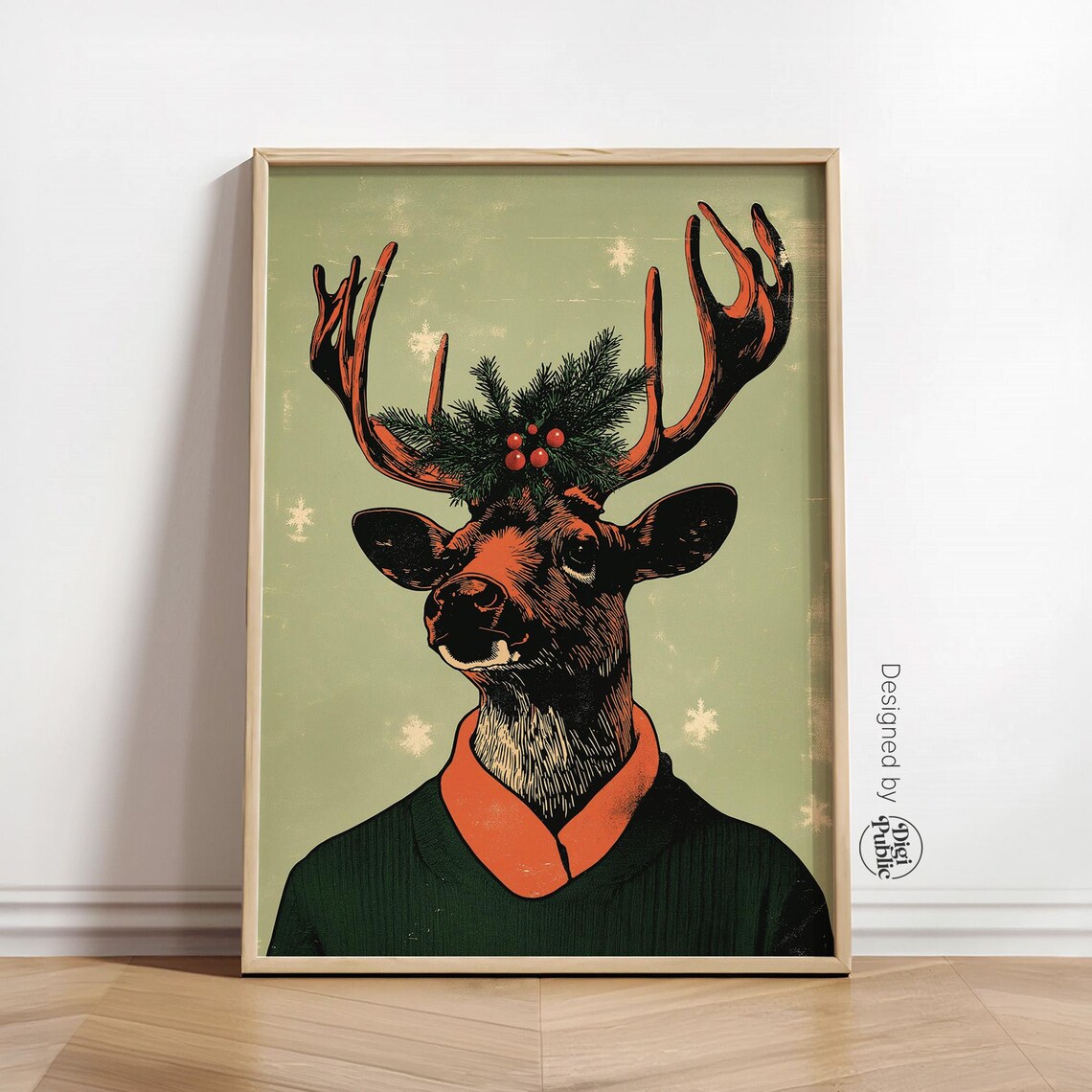 Funny Reindeer Green Sweater Sunglasses Pine Berries Holiday Wall Art