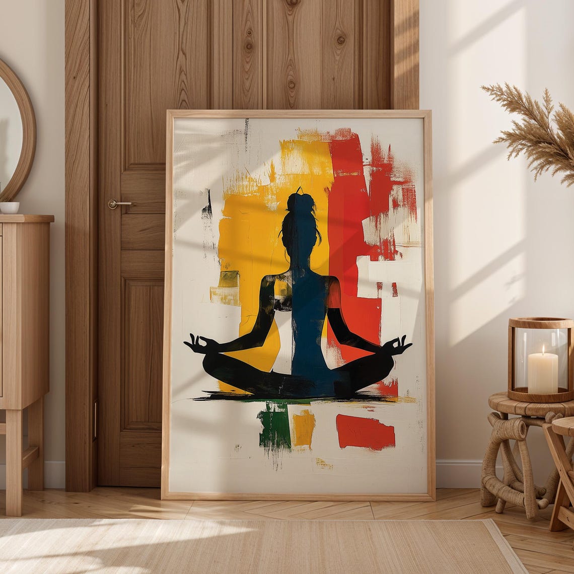 Meditating Silhouette Against Bold Yellow Red Abstract Poster - Image 4