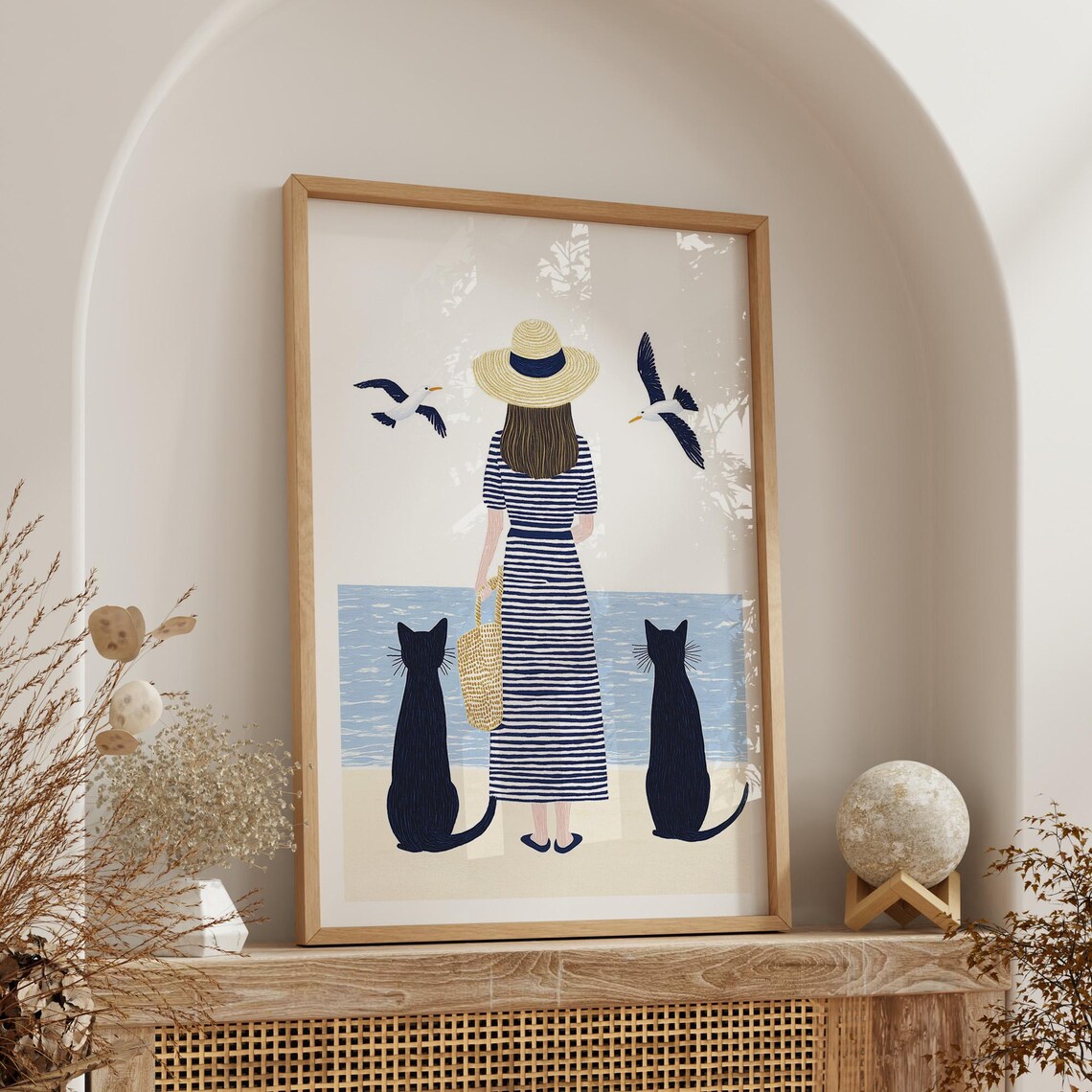 Woman With Two Black Cats On Beach Nautical Art Coastal Home Decor Poster - Image 4