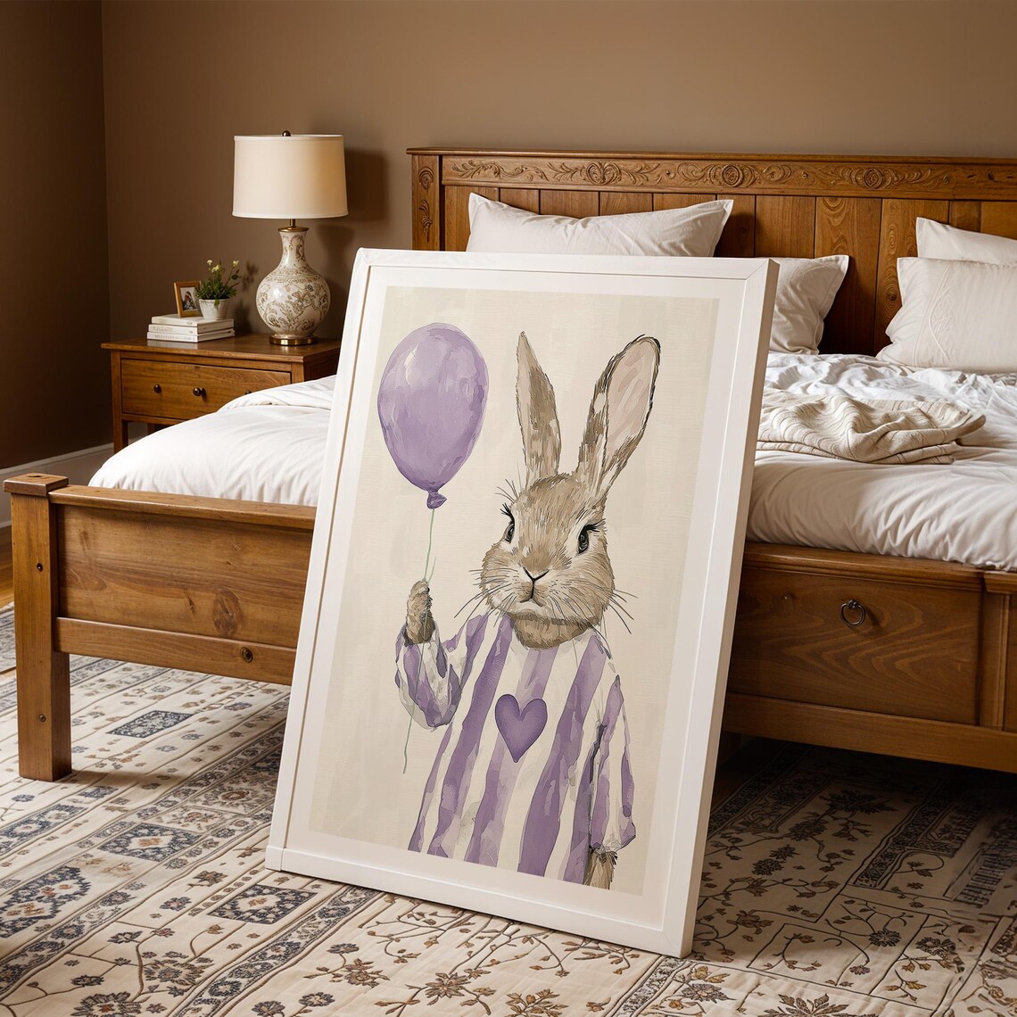 Cute Bunny Holding Purple Balloon Poster Whimsical Nursery Decor - Image 2