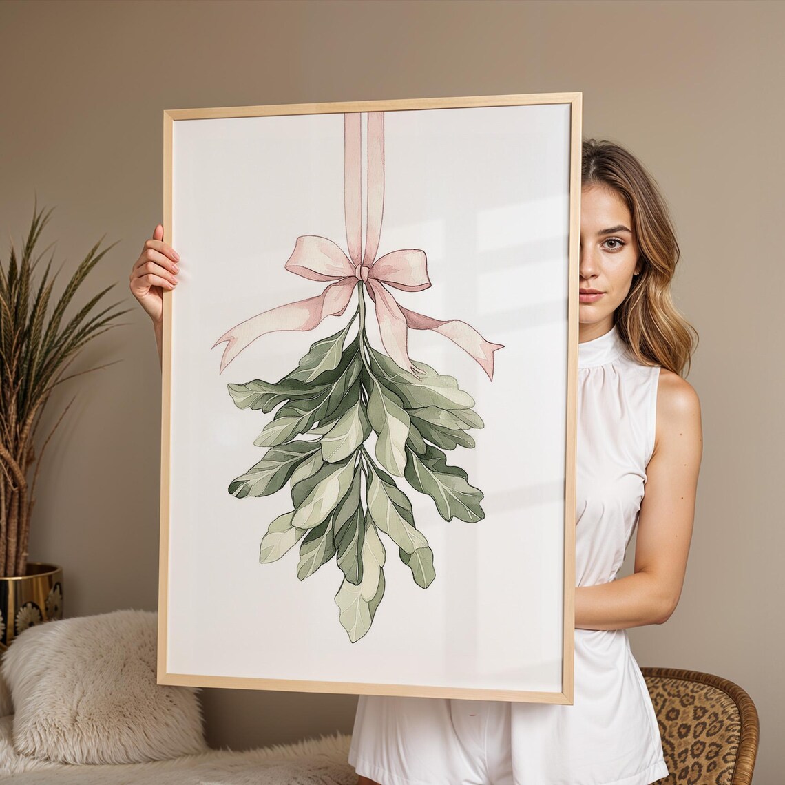 Mistletoe Watercolor Christmas Poster with Pink Bow Holiday Decor - Image 4
