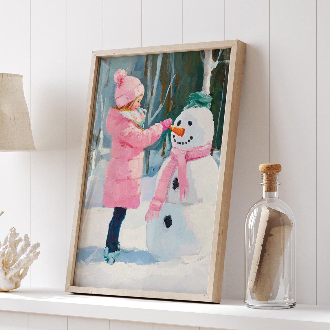 Girl Building Snowman In Pink Coat Winter Scene Kids Room Decor Poster - Image 5