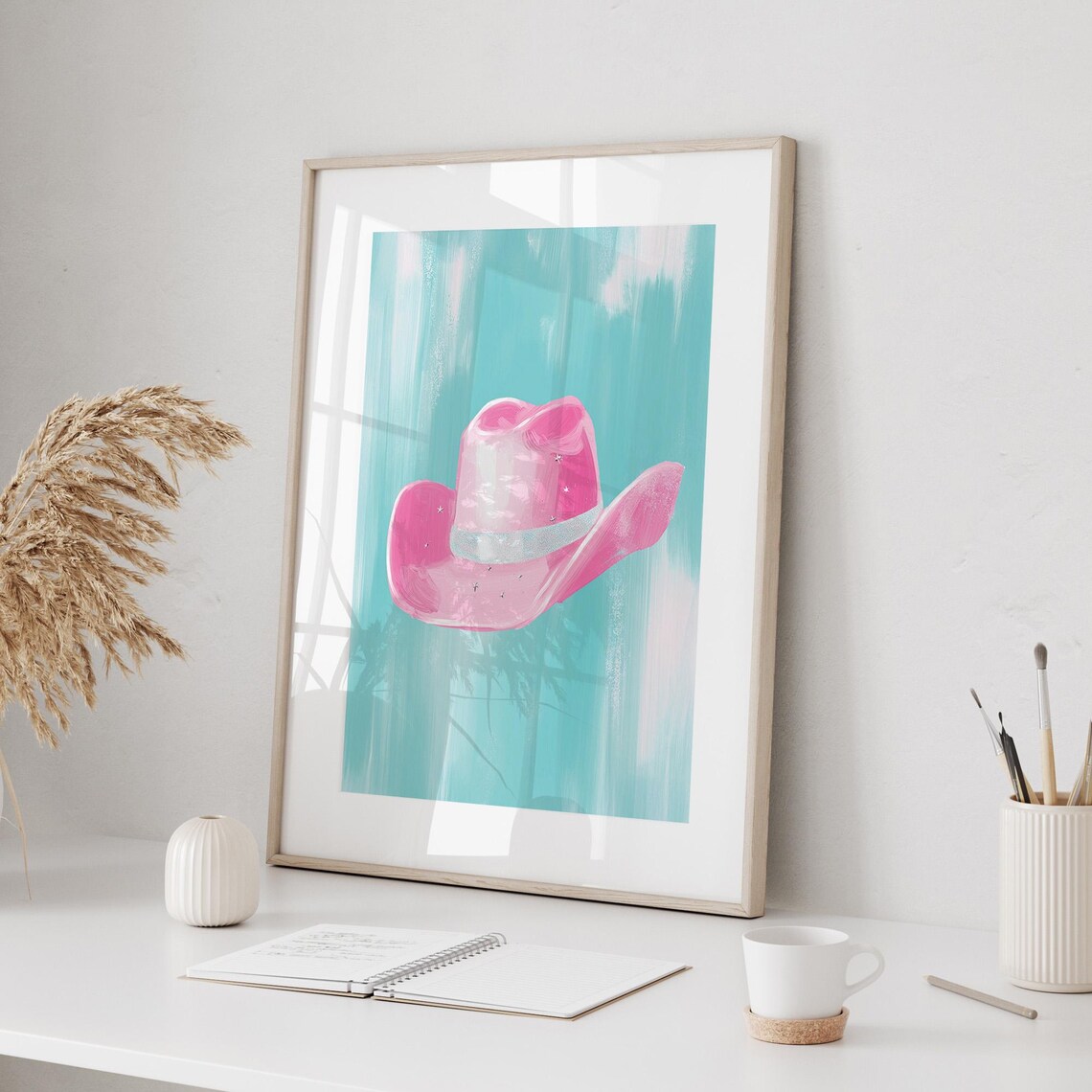 Pink Cowboy Hat Pop Art Poster on Turquoise Modern Western Decor - Image 2