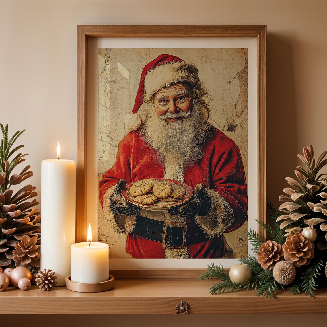 Vintage Santa Claus Holding Plate of Cookies Rustic Holiday Wall Art - Image 4