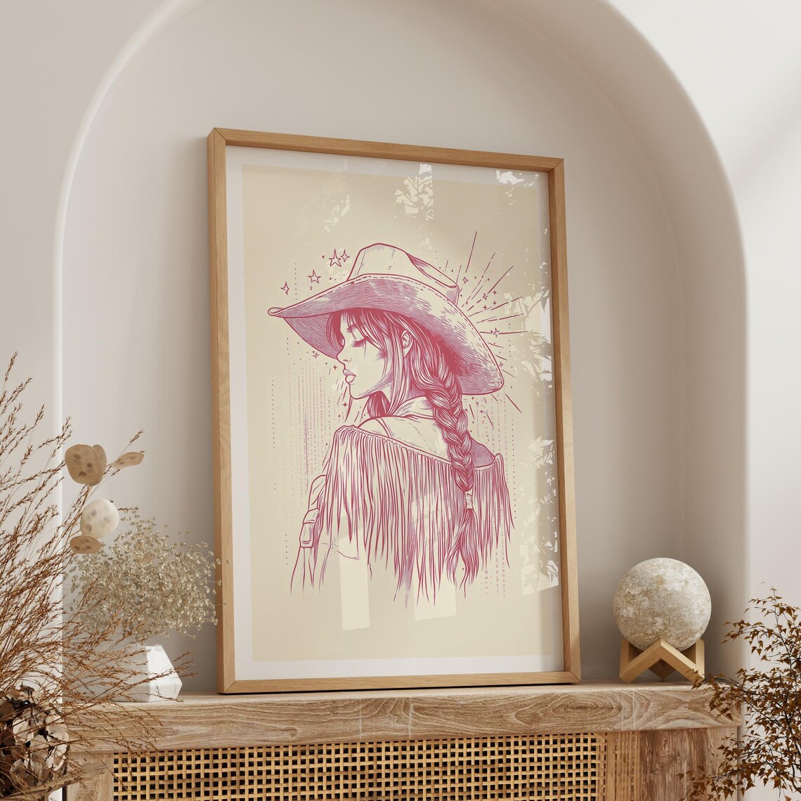 Blush Pink Line Art Cowgirl With Braid Fringe Western Poster - Image 4