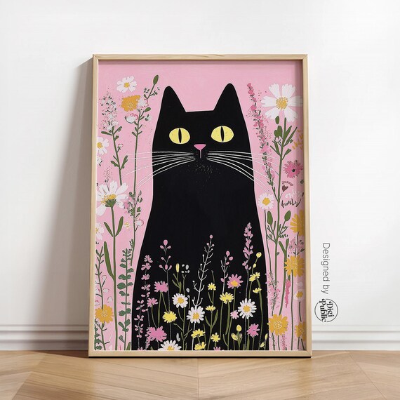 Black Cat With Yellow Eyes In Wildflower Garden Cottage Home Decor Poster