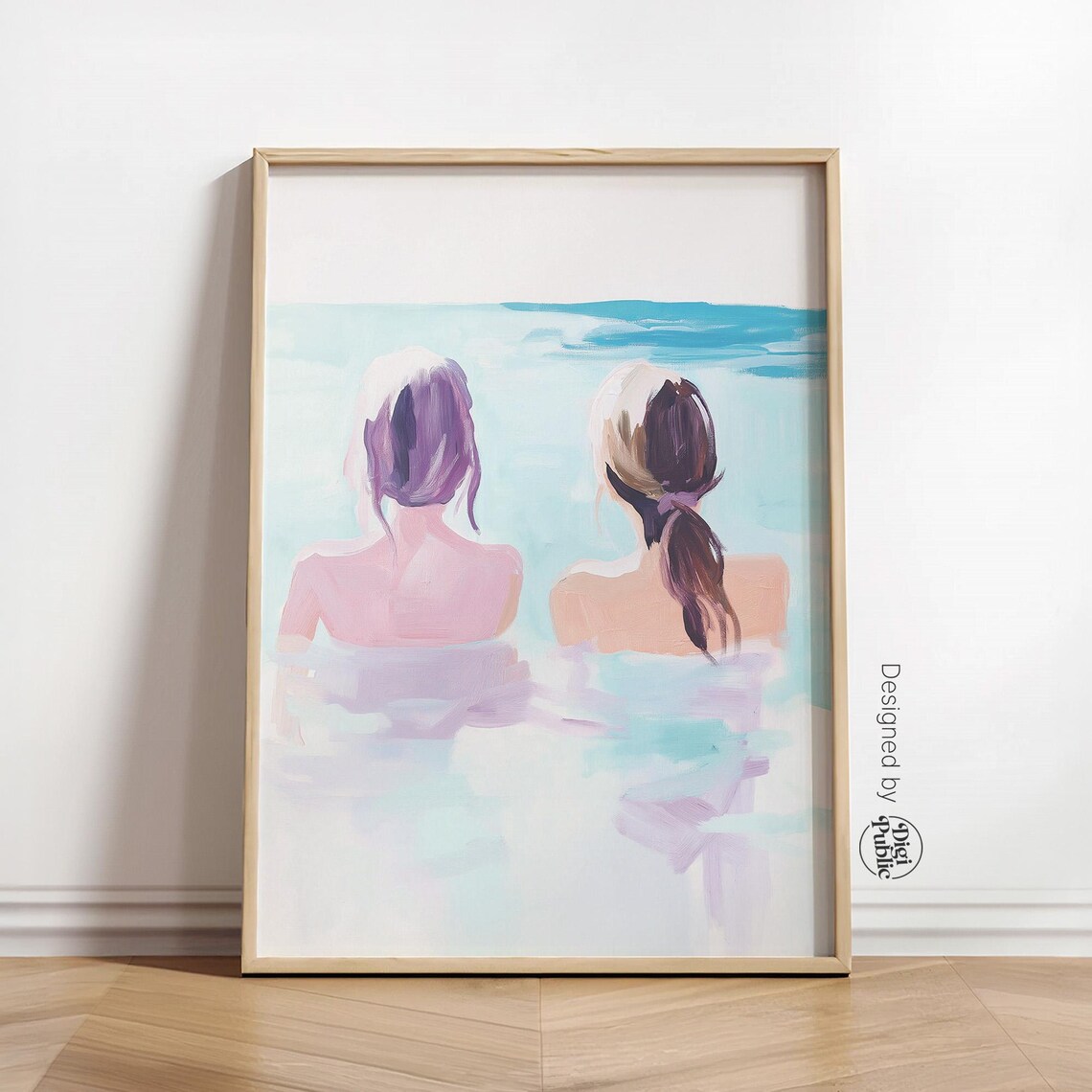 Two Women Swimming Pastel Ocean Poster Friendship Summer Decor