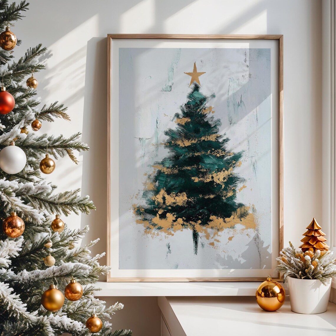 Minimalist Abstract Christmas Tree Gold Star Modern Xmas Art Poster - Image 2