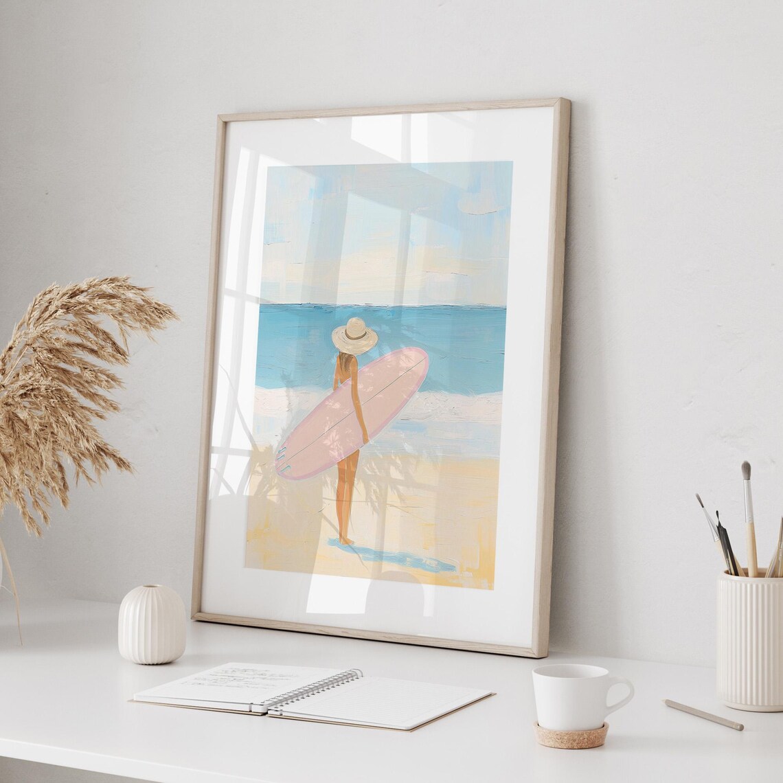 Surfer Girl with Pink Surfboard Beach Poster Coastal Summer Art - Image 2