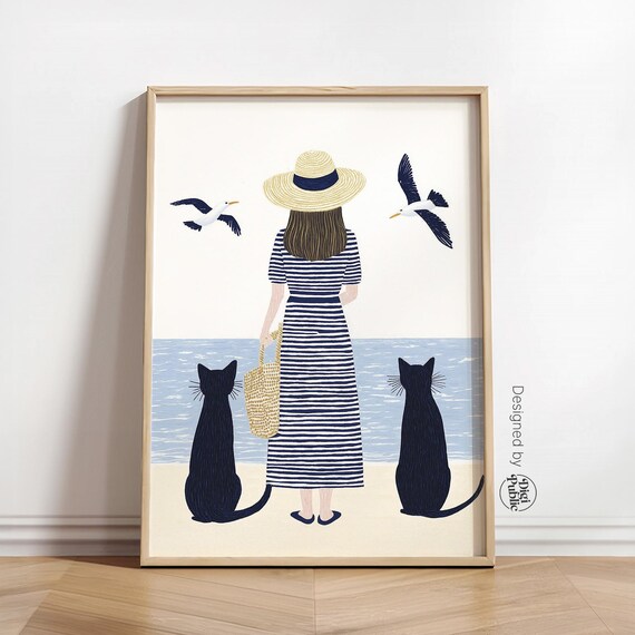 Woman With Two Black Cats On Beach Nautical Art Coastal Home Decor Poster