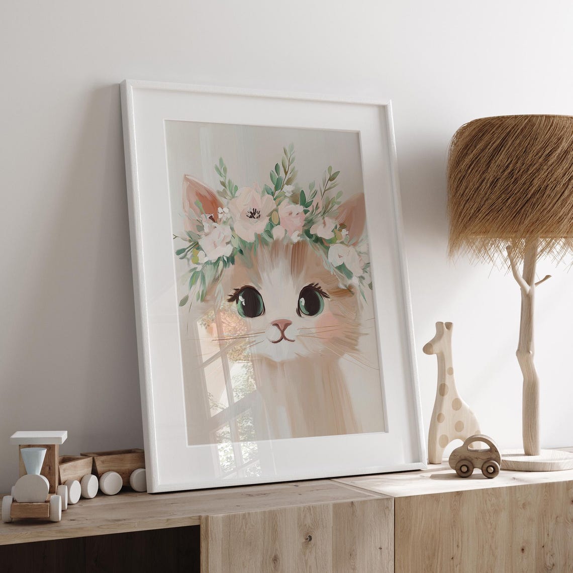 Cute Kitten Flower Crown Watercolor Poster Whimsical Nursery Decor - Image 5