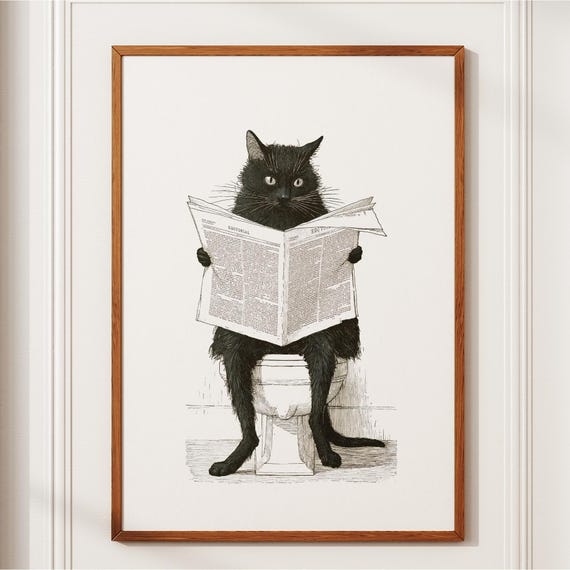 Retro Cat On Toilet, Vintage Bathroom Art Print