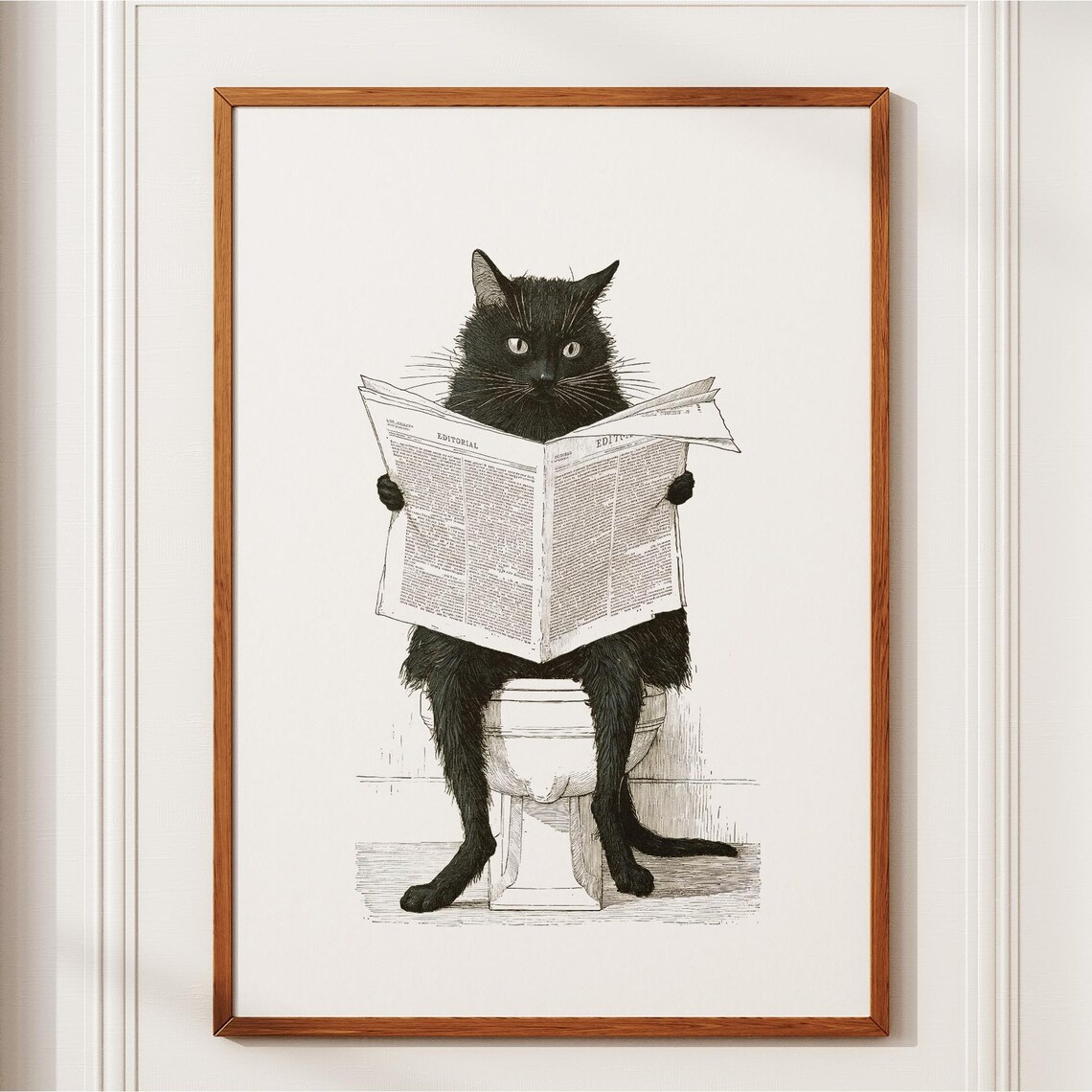 Retro Cat On Toilet, Vintage Bathroom Art Print