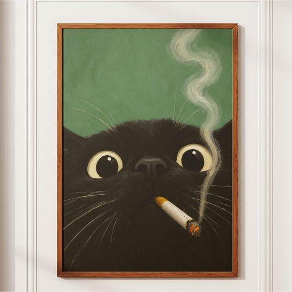 Black Cat Smoking A Cigarette Vintage Poster Art Retro Whimsical Print Funny Animal Wall Decor For Bar Cart Quirky Kitchen