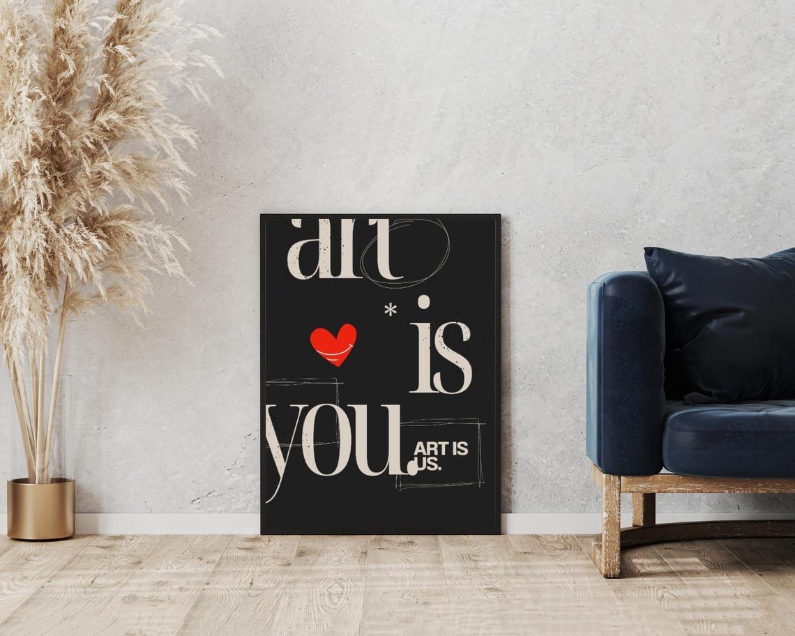 Art Is You Black Cream Red Heart Modern Gallery Statement Poster - Image 5