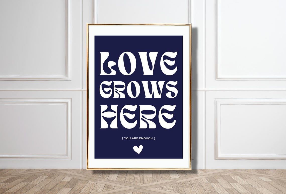 Love Grows Here Navy White Retro Typography Heart Quote Poster