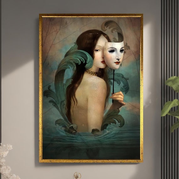 Masked Woman In Water Wall Art Print Abstract Themed Nude Woman Painting Surrealism Themed Figurative Masterpiece Famous Paintings