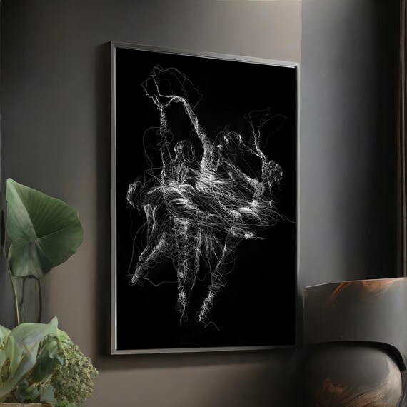 Black and White Calligraphic Ballerina Dancers Line Art Modern Dance Poster