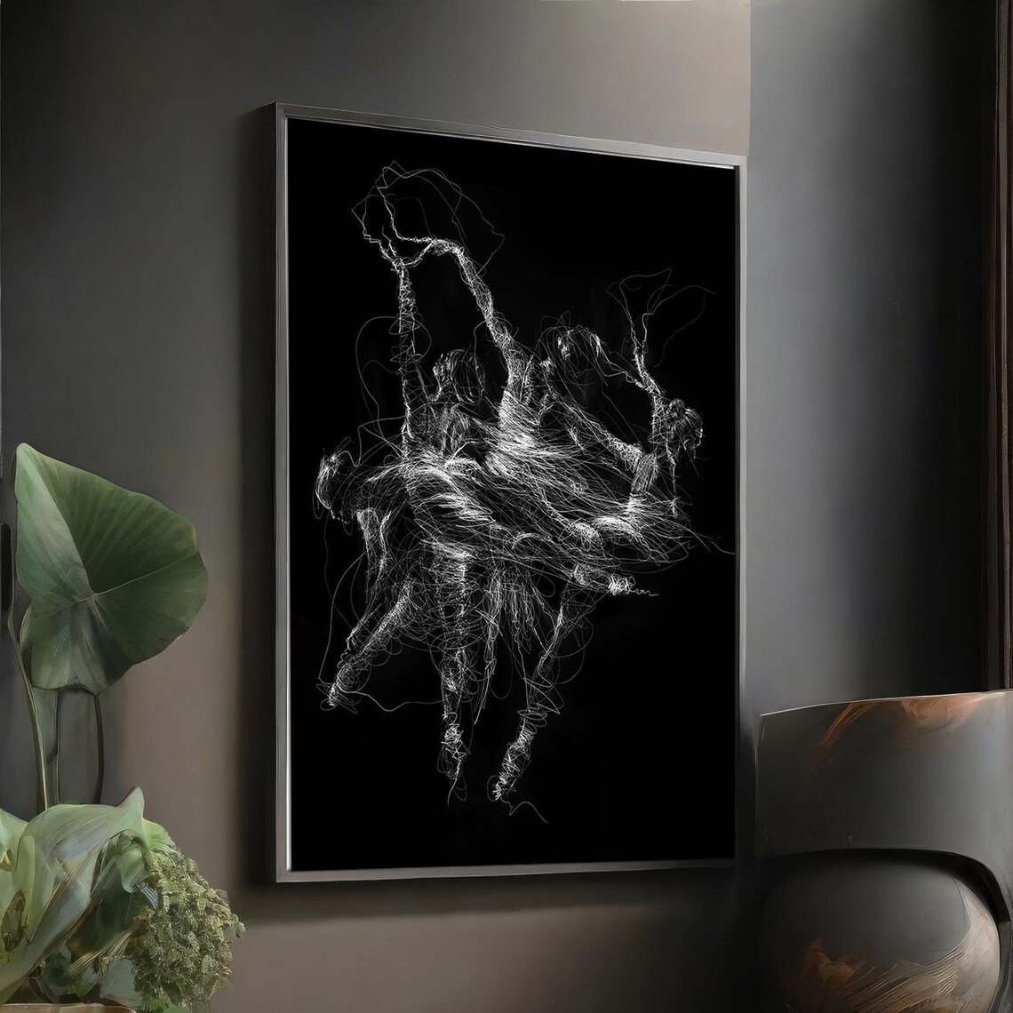 Black and White Calligraphic Ballerina Dancers Line Art Modern Dance Poster