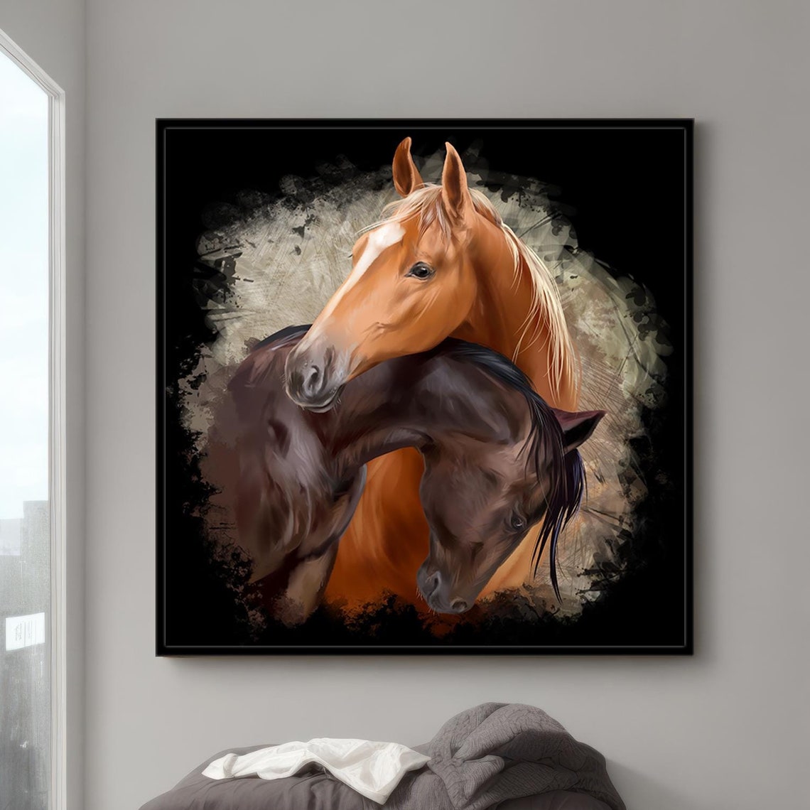 Loving Souls Of Horses Wall Art Print On Artistic Couple Of Noble Horses On A Black Background Painting Love Theme Decor