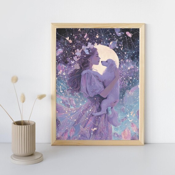 Celestial Dog Art Mystic Mom Painting Woman And Pet Portrait Crystals Butterflies Decor
