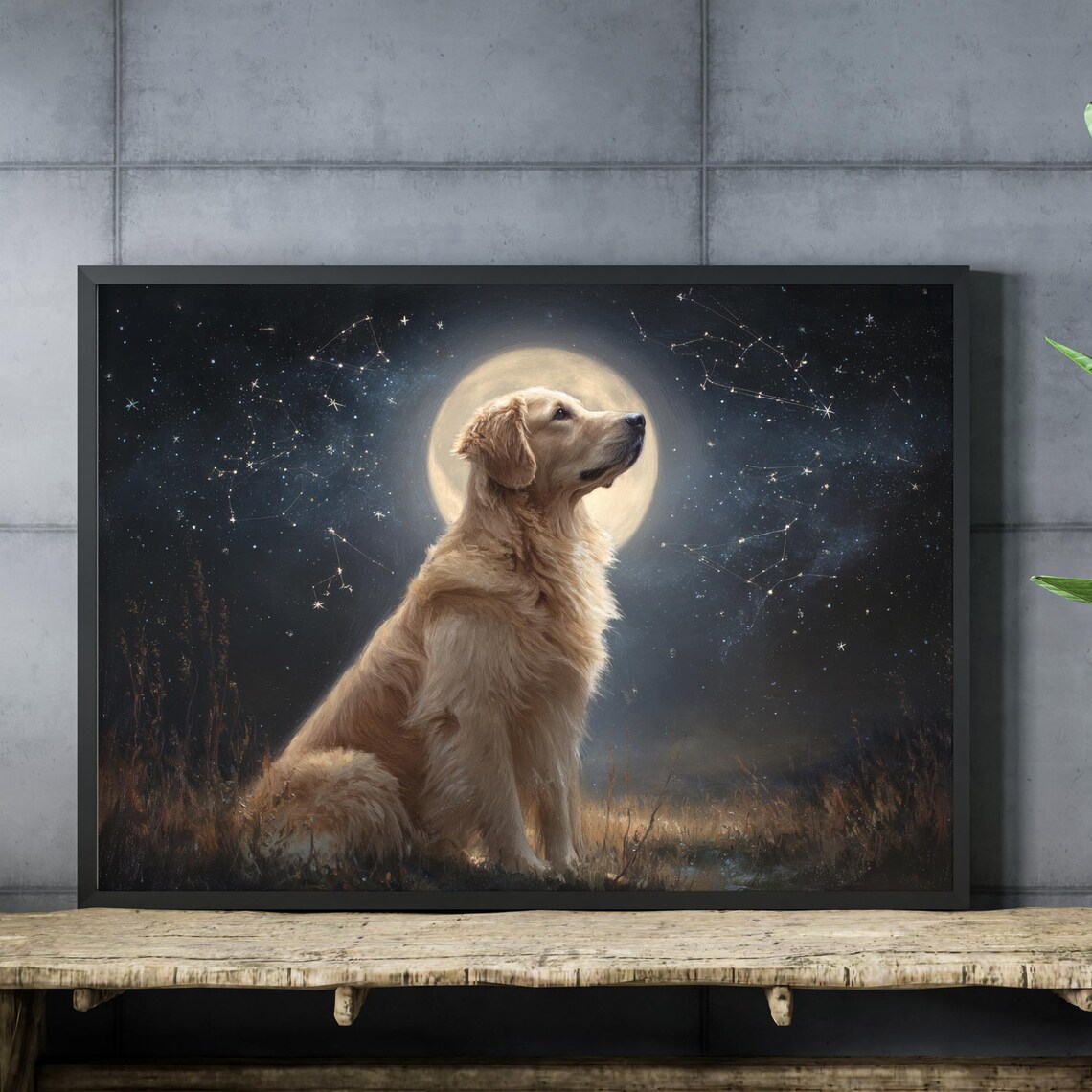 Golden Retriever Under Full Moon Starry Night Celestial Dog Poster