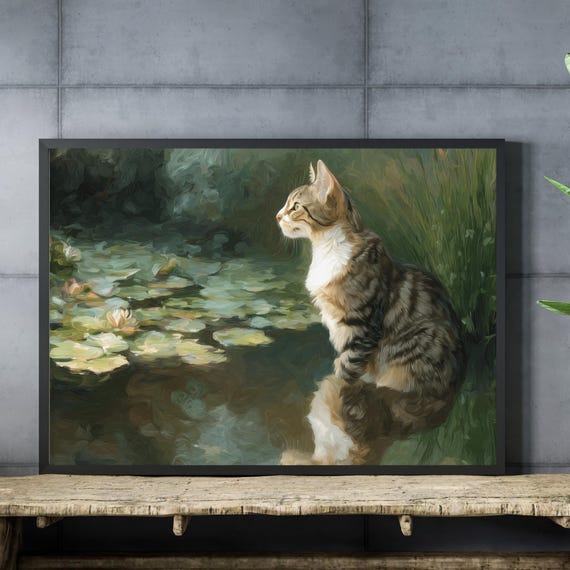 Monet-Inspired Tabby Cat, Water Lilies Pond Art Print