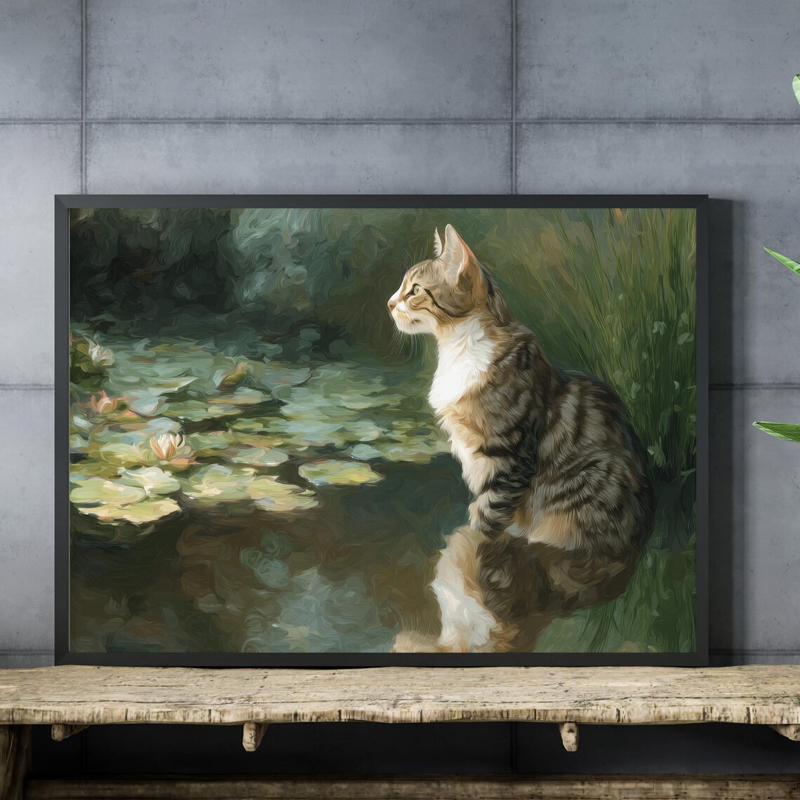 Monet-Inspired Tabby Cat, Water Lilies Pond Art Print